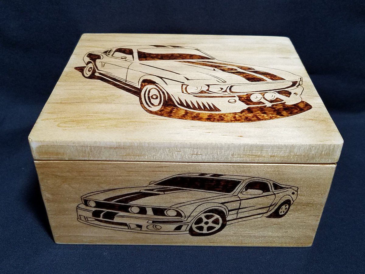 AnderWoodArt's tweet photo. #HandmadeWoodBox with detailed #MustangCar / #MuscleCar burned into the lid, the front and back. #Pyrography #GiftBox #Woodburned #Woodburning #KeepsakeBox #AndersonWoodDesigns #Etsy #Christmas https://t.co/0LvGfCGTAy https://t.co/lBgDHsGZx3