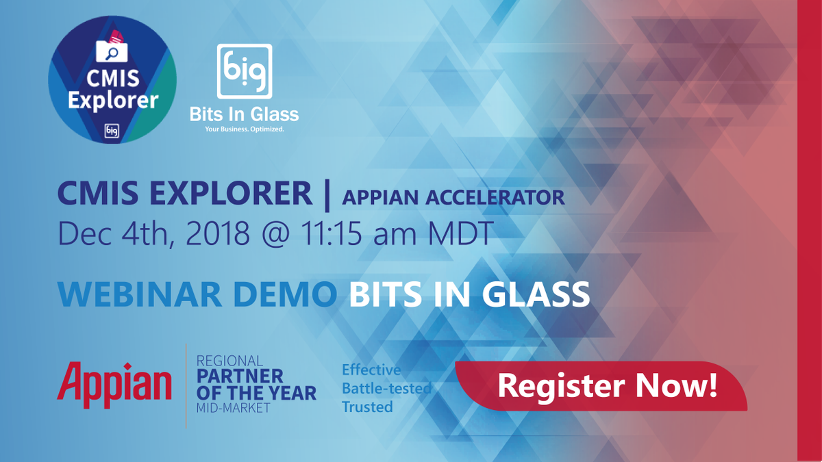 BitsInGlass's tweet photo. Join us tomorrow for a demo of the CMIS Explorer Application featured on the @Appian AppMarket! Register now-> https://t.co/Bc1tSEw04s #Appian #AutomateMoreCodeLess https://t.co/JqjpLzH62T