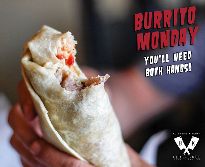 BKCharBQue's tweet photo. Look forward to Monday and join us for Burrito Monday with our $5 Chicken Chili Verde burrito of the day, or get any burrito and a draft beer for $10 all day! #reno #burritomonday #charbque #bbq #burrito #renoisrad #woodsmokefire #southreno https://t.co/NircDZpcuO