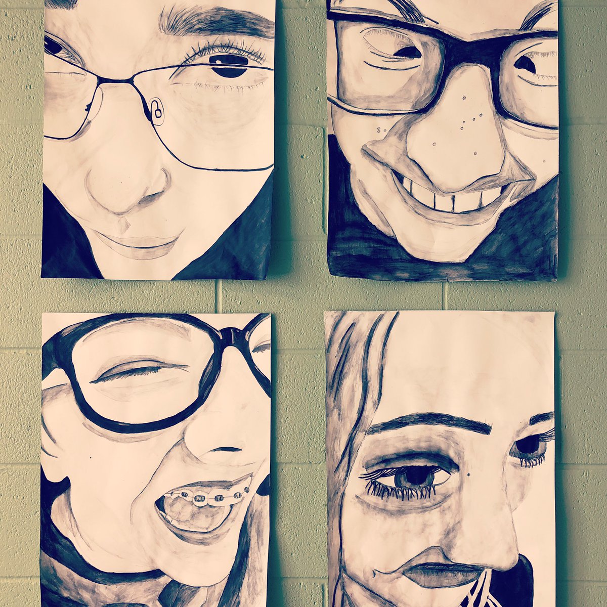 New art on display this week: extreme angle self portraits created by 8th grade Art I students #psmpride #selfportraits #artsineducation @bcsdschools