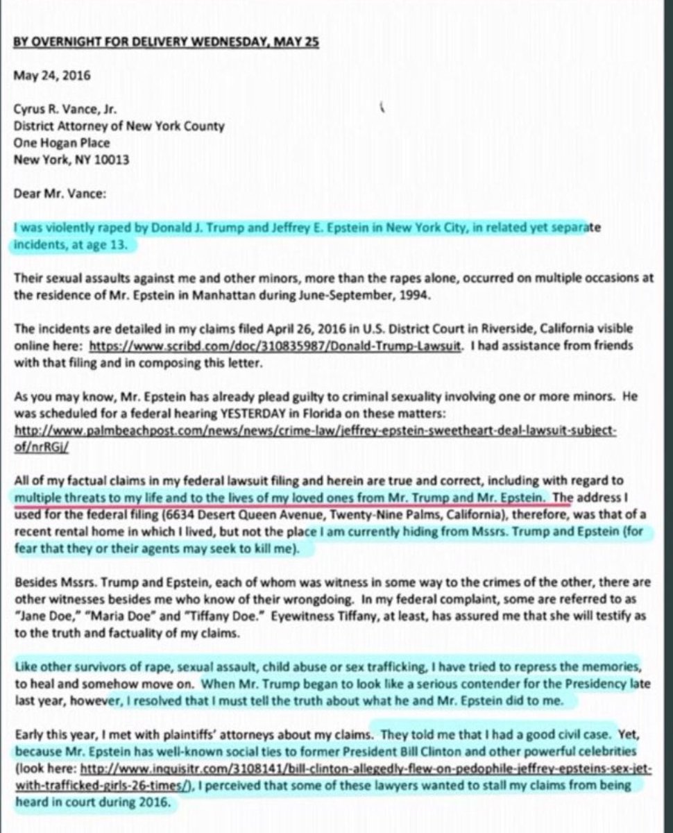 kelly2277's tweet image. 🔥While we are wondering why @SecretaryAcosta gave Epstein a sweetheart deal, let’s ask Cy Vance what he did with this letter from an Epstein victim 🔥