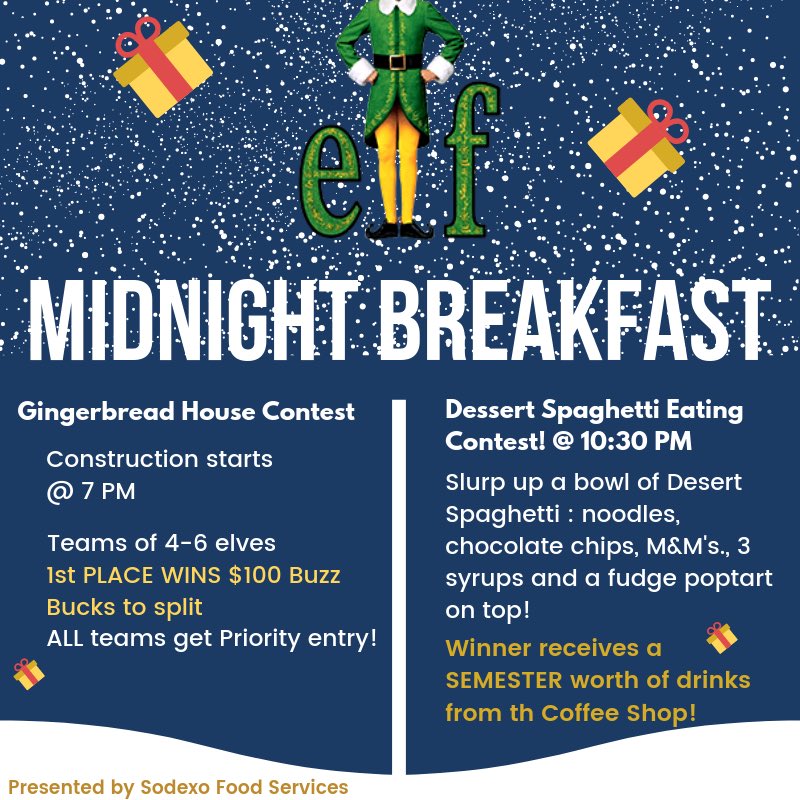 Are you ready for Midnight breakfast? We are about a week away!
DM if you want to join in the fun!
WANTED: 
4-6 teams of up to 6 to be in our Annual Gingerbread House Contest!
OR
4-6 brave individuals to enter our Desert Spaghetti Eating Contest! #ifyouknowyouknow 

BIG PRIZES!