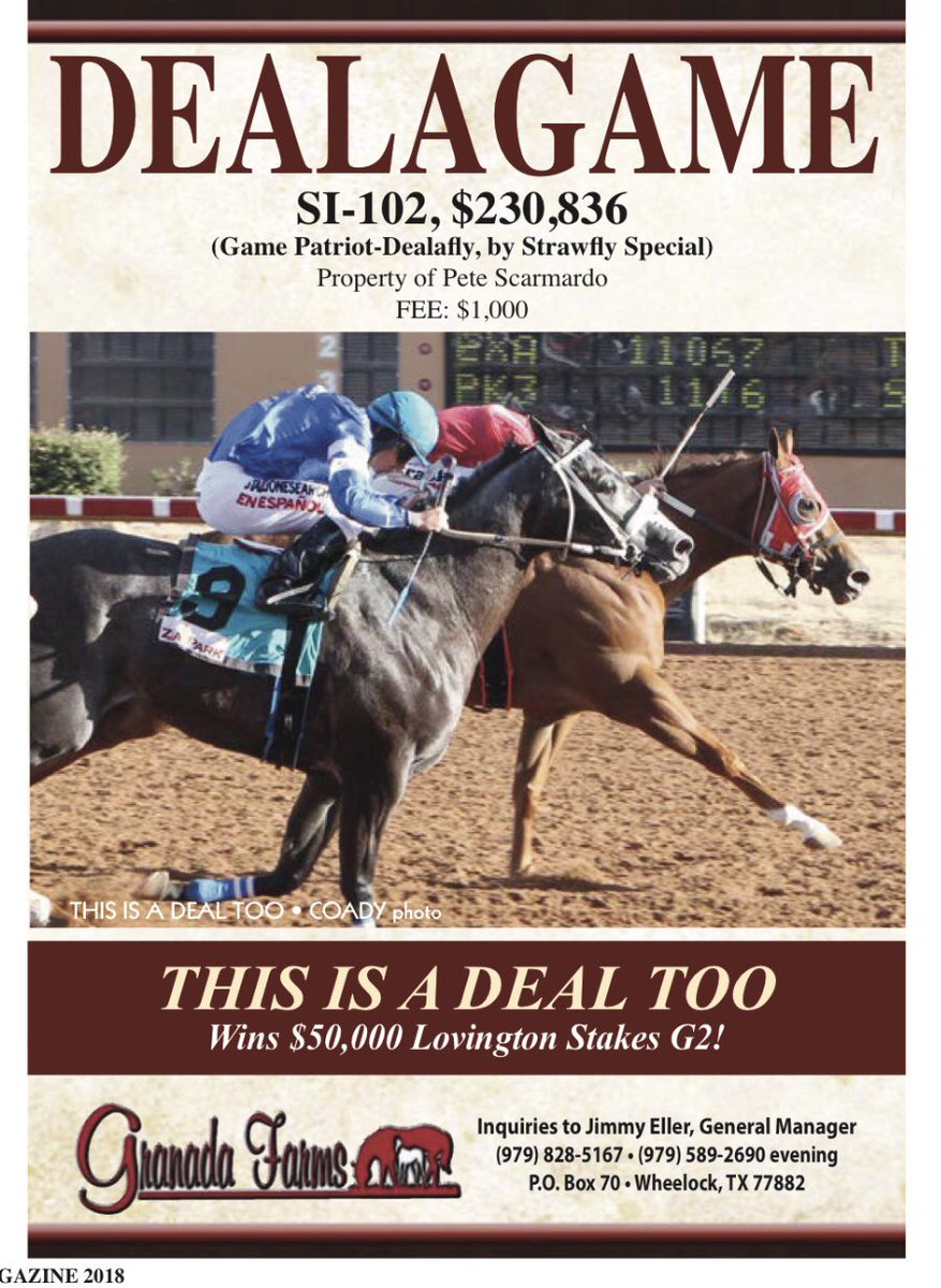 GranadaFarms's tweet photo. #Dealagame congratulates THIS IS A DEAL TOO SI 98, $200,698 (Dealagame-Lady Lilia, First Down Dash) winner of the Lovington Stakes-G2 at Zia Park! https://t.co/E0Ag2md9ks