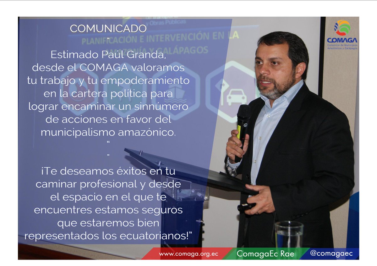 comagaec's tweet photo. El Consorcio de Municipios Amazónicos y Galápagos valora la acción de Paúl Granda en favor del municipalismo amazónico y deseamos éxito en su caminar profesional https://t.co/HXf2yV4Azi