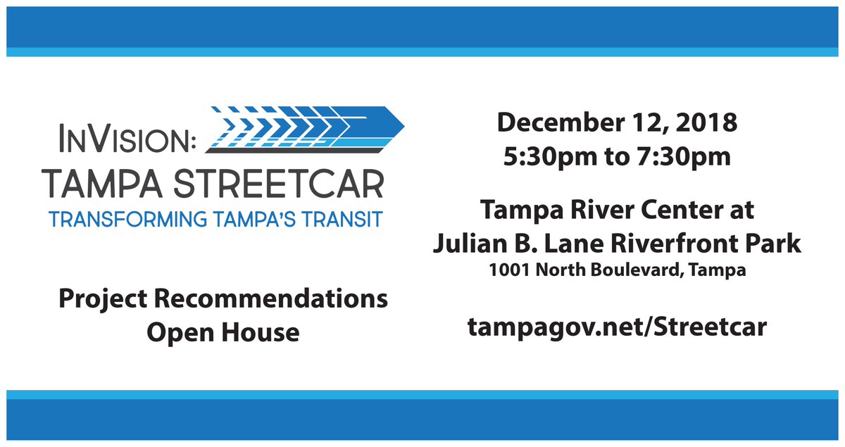 Please join us on December 12th as we present our project recommendations for extension of the <a href="/TampaStreetcar/">TECO Line Streetcar</a> during an open house held in the Tampa River Center at Julian B. Lane Riverfront Park! For more info, please visit tampagov.net/Streetcar