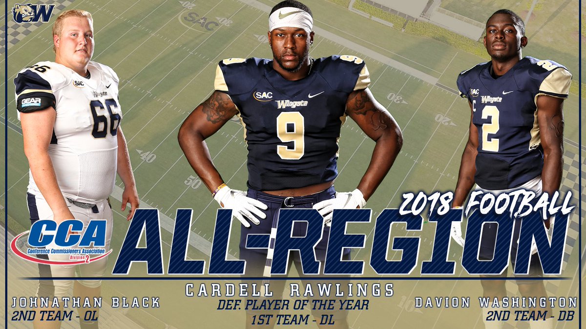 Congrats to @WingateFootball's Cardell Rawlings! He's been named the D2CCA Super Region 2 Defensive Player of the Year!!! He's joined by Johnathon Black and Davion Washington on the All-Region Teams!
STORY | http://bit.ly/FBD2CCA
#OneDog #WUFB