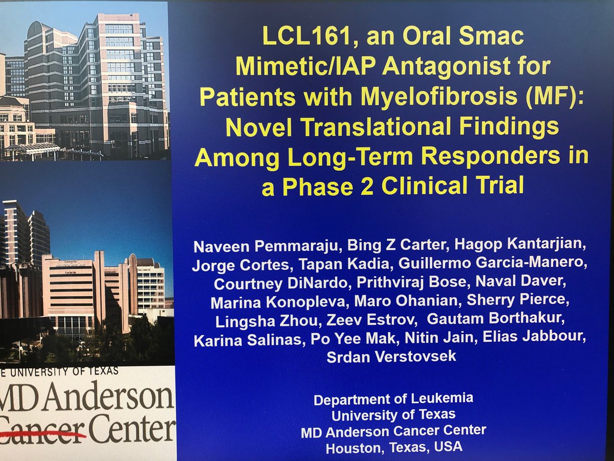 doctorpemm's tweet photo. #ASH18 #MPNSM | Clinical Oral Session Beyond JAKi. Honored to have presented our group’s findings: @doctorpemm & Verstovsek @LeukemiaMDA ph2. N=44. R/R MF. ORR 32% (by IWG 2013 criteria) | #LCL161 = an Oral, weekly #SMAC mimetic / #IAP antagonist. #CIAP #XIAP https://t.co/MV37nkX0tN