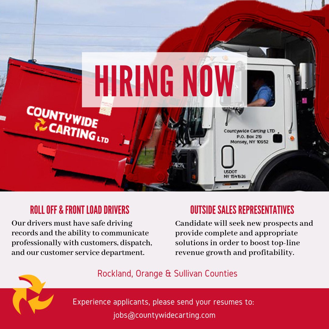 CountywideNY's tweet photo. We're hiring! Experienced candidates please email resumes to: jobs@countywidecarting.com #SlaesJob #TruckDriver https://t.co/mlO1QMZXml