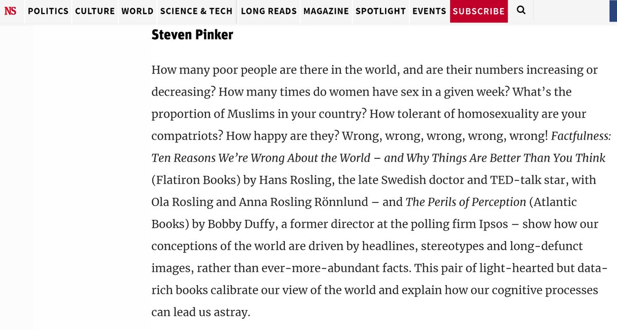 BobbyDuffyKings's tweet photo. So very happy that Steven Pinker picked out The Perils of Perception in @NewStatesman as one of his books of year, alongside Factfulness - what company to be in... Book all based on excellent @IpsosMORI and @Ipsos data https://t.co/IzbpYhkeI1
