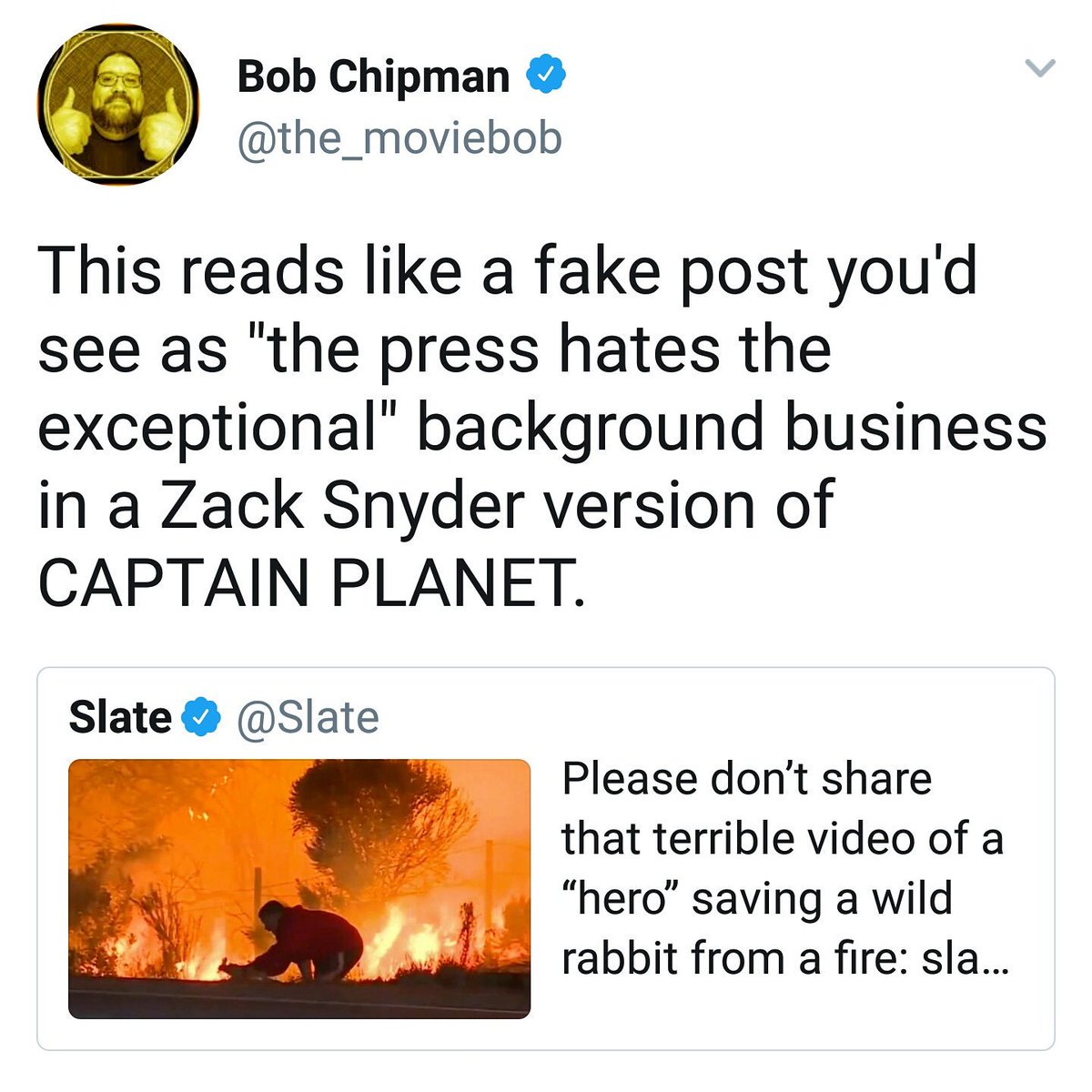 17). The Screenshots, and receipts that show how toxic the internet has become #17Bob Chipman using a forest fire (in which people lost their homes and somes their lives) to take a shot at Zack Snyder