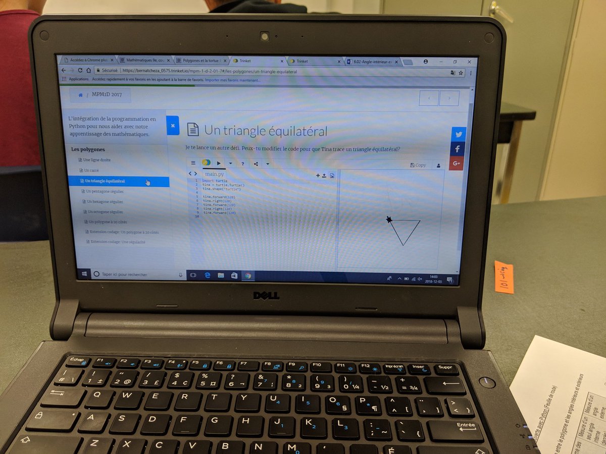 nicolestogaitis's tweet image. Coder avec #Python pour déterminer la règle de la somme des angles internes d'un polygone régulier en #math 9e! On teste notre code debout en se déplaçant. Merci Mme Annie Bernatchez!👍🤟 #clcCodeWeek #STIAMViamonde #HourOfCode #cfviamonde @niniex6 @ManonSavard4 @Collegefrancais