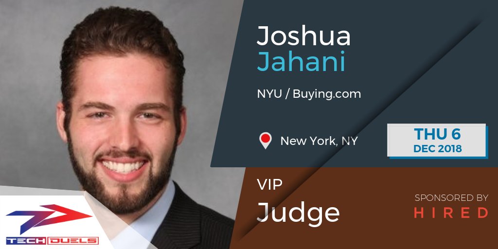 TechDuelsHQ's tweet photo. Excited to have Joshua Jahani of @NYUniversity judge the next #TechDuels Dec. 6th the Public v Private #Blockchain debate. Join us to network and engage with industry leaders. https://t.co/jIzCUNyvp6 @NYUSternESA @NYUSternEBS https://t.co/33JNzMhtco