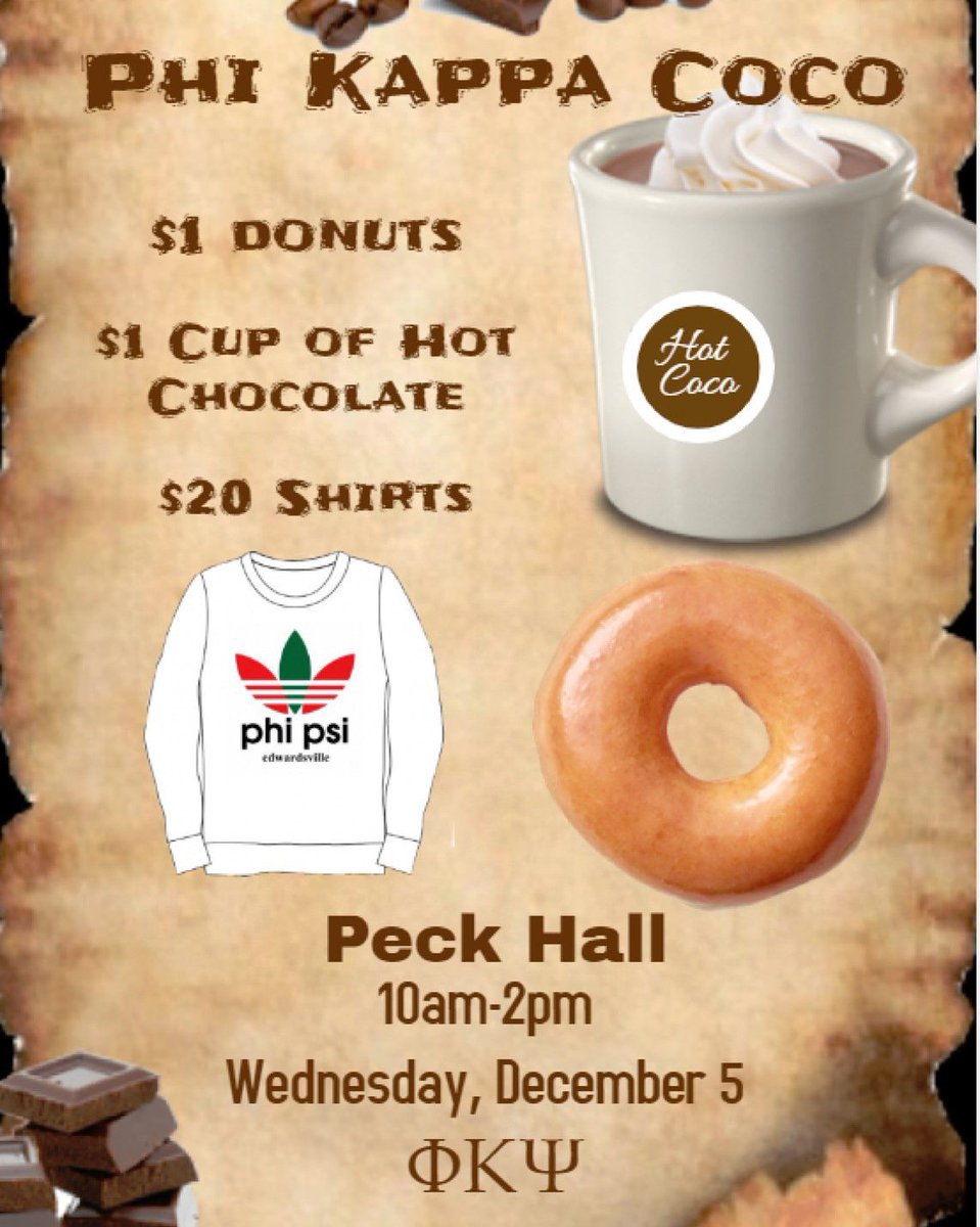 PhiPsiSIUE's tweet photo. Join us at our fundraiser this Wednesday for hot coco and donuts!! https://t.co/bMXqqiZKkn