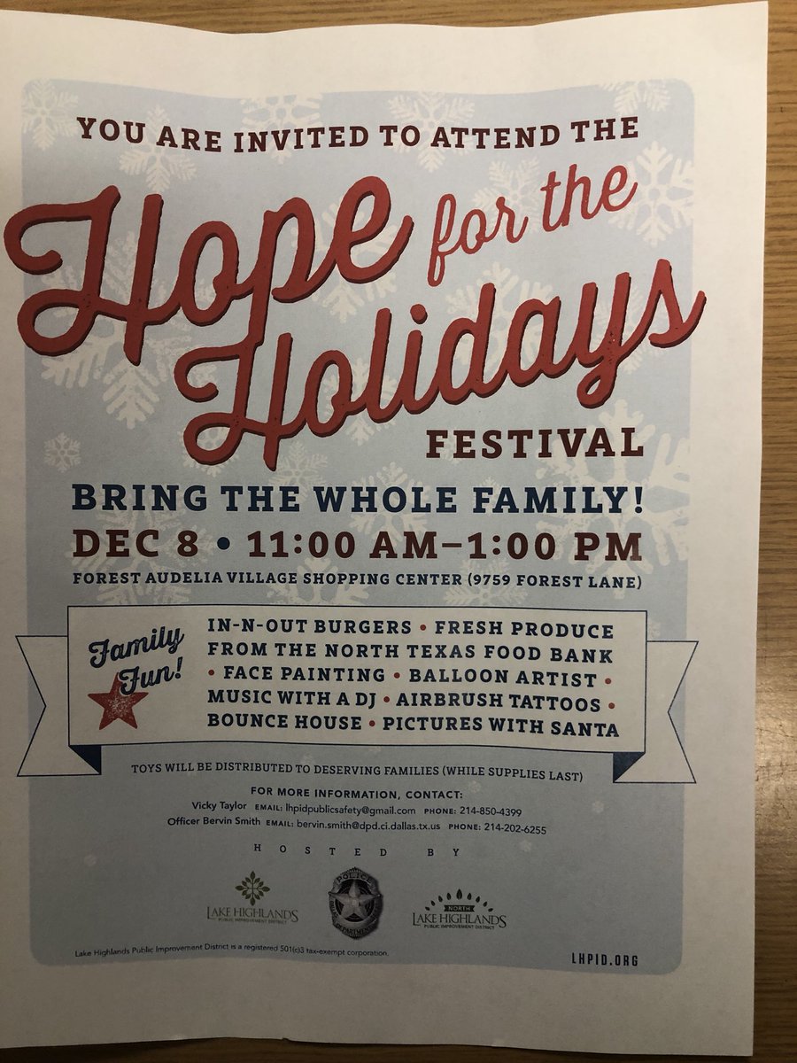NE NPO n Lake Highlands PID getting excited about Hope For Holidays Festival Sat-12/8. 11am to 1pm.  Lots of toys n fun for all!! Last year 2500 people attended!! <a href="/DallasPD/">Dallas Police Dept</a> <a href="/DPDMoore/">Chief Avery L. Moore</a> @ChiefHallDPD @DPDAnderson <a href="/AdamMcGoughD10/">Serve Dallas</a> <a href="/kstewart220/">Kathy Stewart</a> <a href="/CBS11/">CBS11</a> Bervin