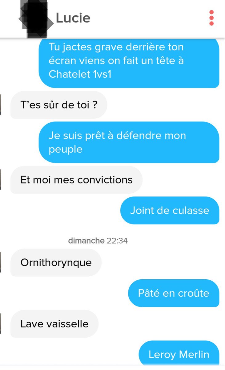 TilahLock's tweet photo. Je cite du Mister V à mon seul match Tinder depuis 6 mois, elle a un mental d'acier https://t.co/P3eJnPEnCY