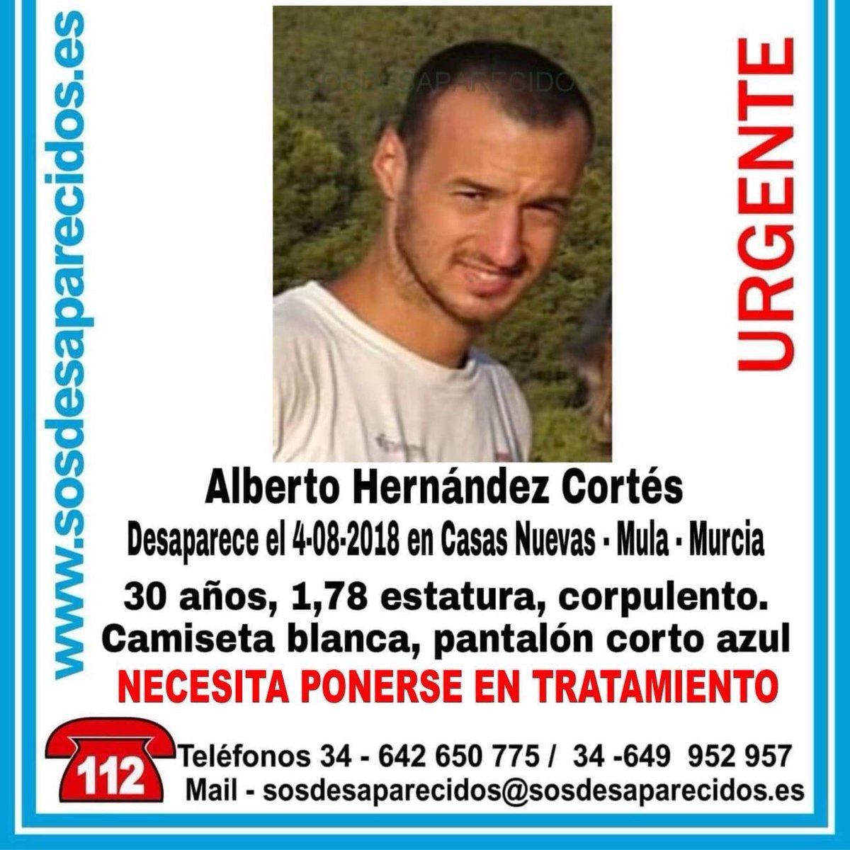 RadioVias's tweet photo. 🆘 #SOSDesaparecido | Alberto Hernandez Cortés
📍Casas Nuevas, #Mula (#Murcia)

¿Sabes algo de él?
• Contacta con @sosdesaparecido 
• Llama al 112, al 642 650 775 o al 649 952 957

¡DIFUNDE! https://t.co/6EpGgY1QDw