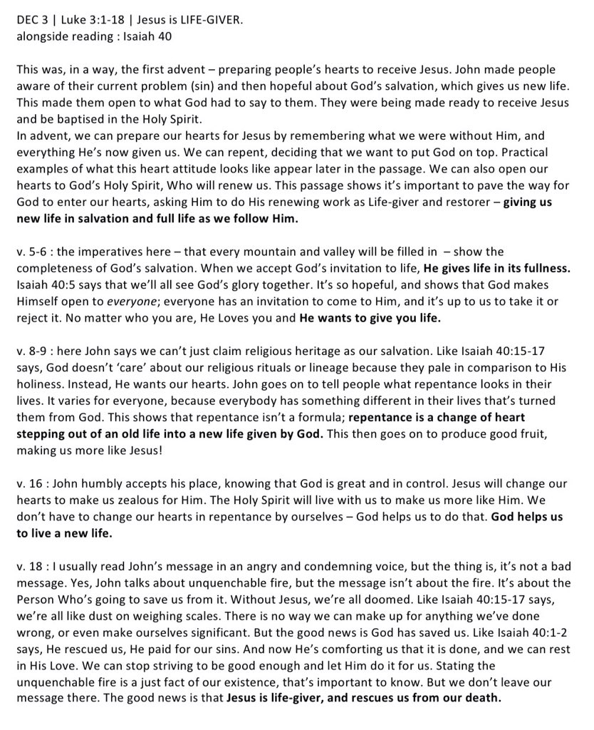 palindromes_pi's tweet image. DEC 3 | Luke 3:4-18 | Jesus is LIFE-GIVER.

Lord Jesus,
Thank You so much for helping us all in life. We need You and don&apos;t deserve You.
Whether we need to get new life through Your salvation or live a full life by living with You, help us open our hearts to You.
Amen.