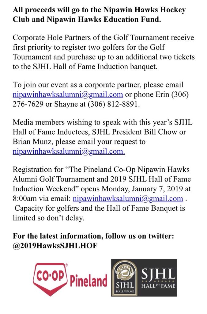 SJHL_Hawks's tweet photo. Exciting news! 

Join us in @NipawinSK this summer for the @pinelandcoop @SJHL_Hawks Alumni Golf Tournament @nipevergreen &amp; @theSJHL Hall of Fame Induction Banquet hosted by @BrianMunzTSN. Thanks to CJNE for broadcasting our live release this morning. For more, follow @sjhlhof https://t.co/DCWxW1UqlG