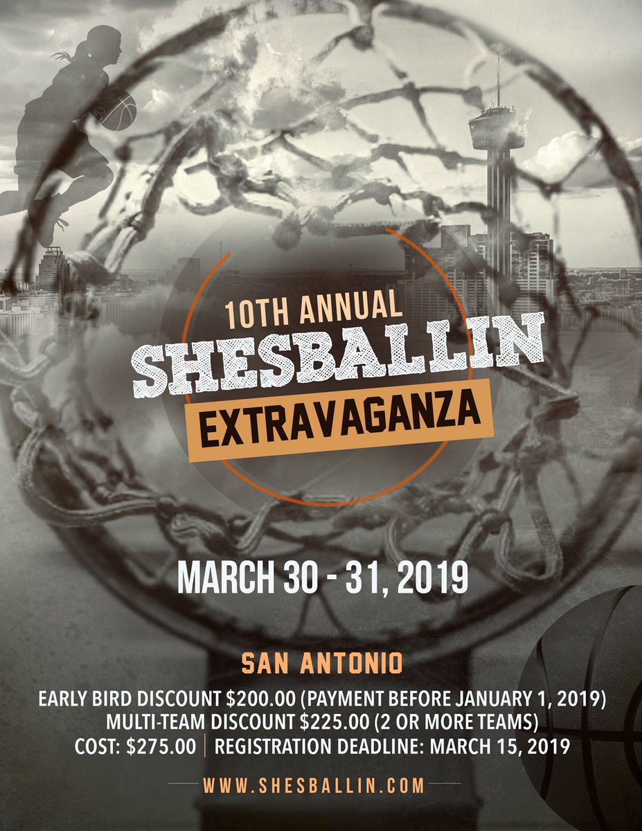 SB Events (@shesballinevent) on Twitter photo Only 1 month left to take advantage of early bird pricing for the ShesBallin Extravaganza in San Antonio! $200.00 per team. Register before January 1, 2019! <a href="/icoachshehoop/">Coach Brandon</a> @STX_Tribe <a href="/HsHouston/">Sam Houston HS Girls Athletics</a> @DFW_HOH @LadyTitanBaske1 <a href="/Coach_TA20/">Tara Alexander</a> @HOOPNATION_VA @SolomonEhiogu Only 1 month left to take advantage of early bird pricing for the ShesBallin Extravaganza in San Antonio! $200.00 per team. Register before January 1, 2019! <a href="/icoachshehoop/">Coach Brandon</a> @STX_Tribe <a href="/HsHouston/">Sam Houston HS Girls Athletics</a> @DFW_HOH @LadyTitanBaske1 <a href="/Coach_TA20/">Tara Alexander</a> @HOOPNATION_VA @SolomonEhiogu
