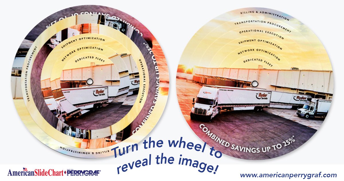 ascpgchart's tweet image. Voila! The Puzzle Wheel was created by the American Slide-Chart team. The wheel came jumbled, the end user had to rotate the wheels to create the image of Ryder Trucks in a dock. ed.gr/1bmi #wheelchart #interactivemarketing #datawheel #print #design  #puzzlewheel