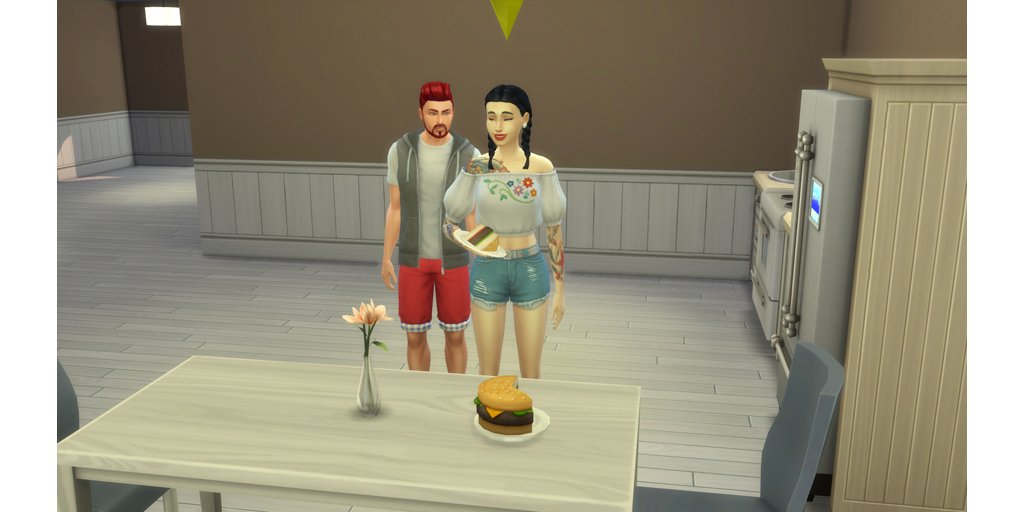 Tamsu81's tweet photo. Playing rebuilding worlds challenge. This is Dominique and Paris. She made a welcoming hamburger cake. #ts4 #sims4 https://t.co/mURLKgb1r5