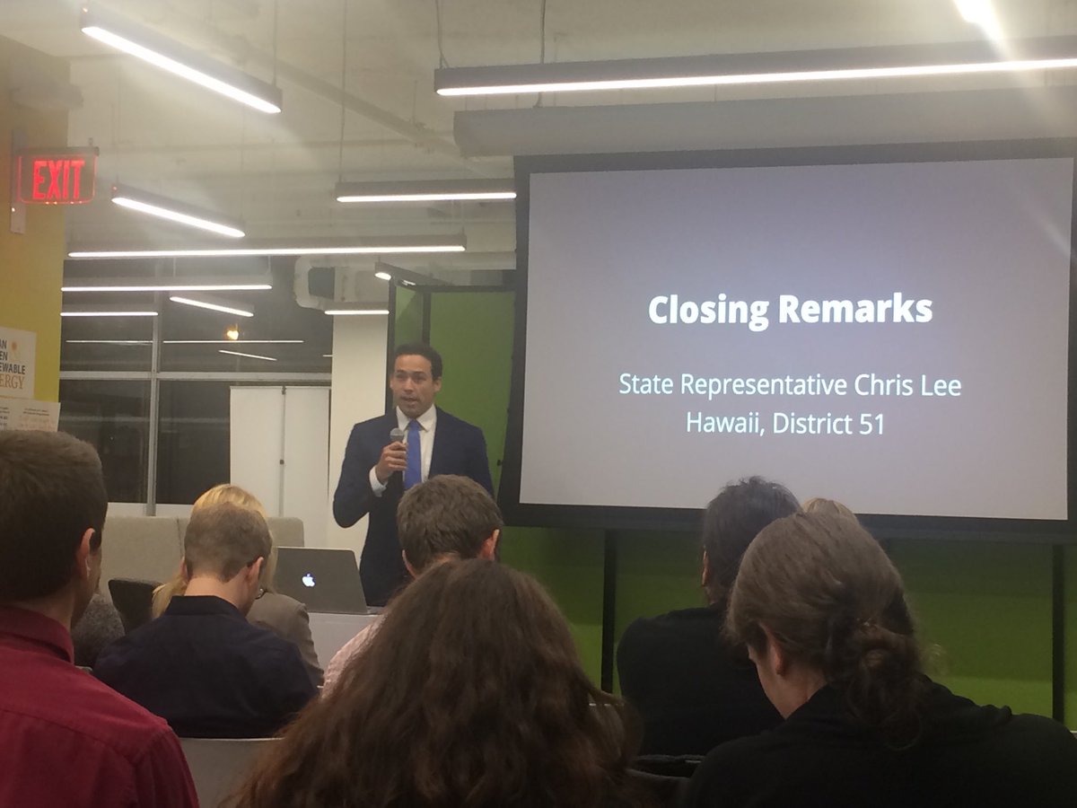 Alandrious's tweet photo. Hawaii rep @chrisleeforhi at #millennialsforrenewables says Hawaii committed to 100% renewable electricity by 2045. Mass can do it faster! https://t.co/KMZL1Z9Rmg