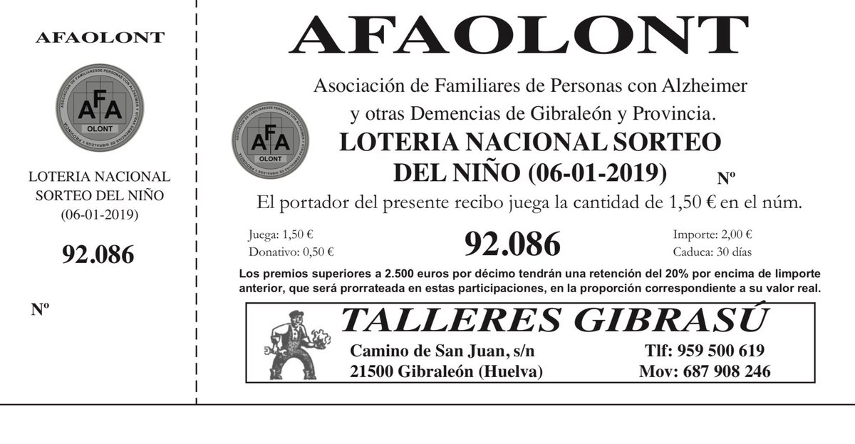 afaolont's tweet photo. AFAOLONT ya dispone de participaciones para el Sorteo Nacional de la Lotería del Niño. El Número es 92.086.

Precio de la Participación: 2€

El Sorteo se celebrará el próximo 6 de Enero de 2019 https://t.co/k2e3MEAwEA
