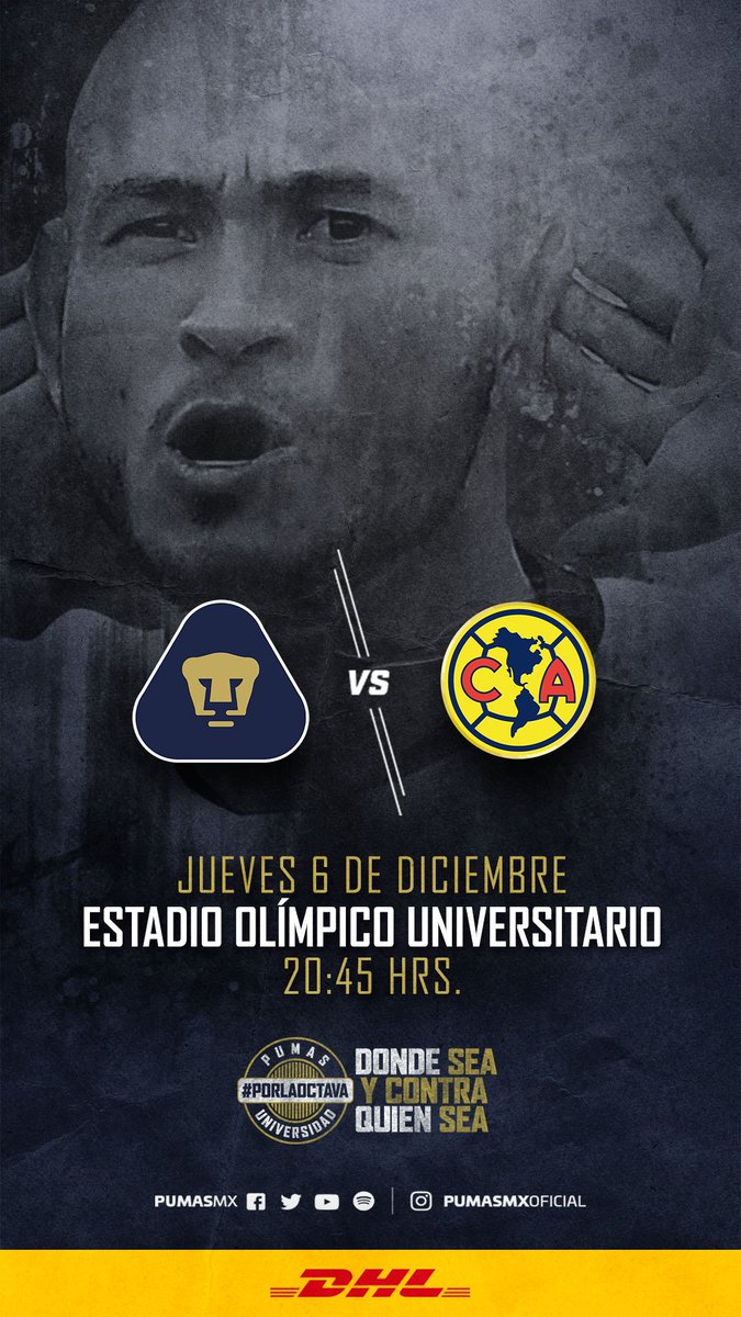 PumasMX's tweet photo. Por ti y por nuestros colores ¡Vamos, Pumas!  

⚽  @ClubAmerica  
📅  Jueves 6 de diciembre 
⏰  HORA DE INICIO DEL PARTIDO: 20:45 hrs. 
🏟  Estadio Olímpico Universitario  

#PorLaOctava #PorNuestraHistoria #SoyDePumas https://t.co/seQpgPzKZL