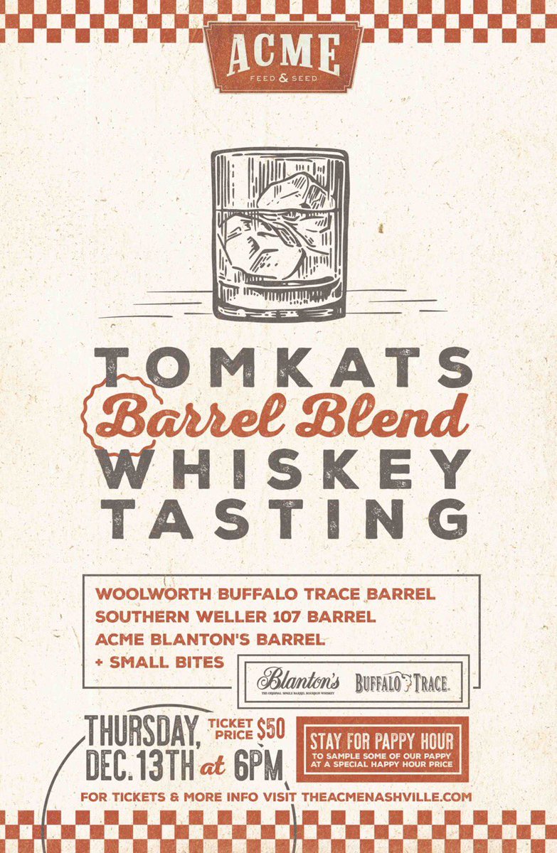 AcmeNashville's tweet photo. Join us for Tomkats Barrel Blend Whiskey Tasting 🥃 - sip on samples of our own Blanton’s Barrel along with  barrels from two of our sister properties, @woolworthon5th &amp; @TheSouthernSOS. 

Tickets available here > https://t.co/qWnMWLlog2 https://t.co/sCTgeiAaB1