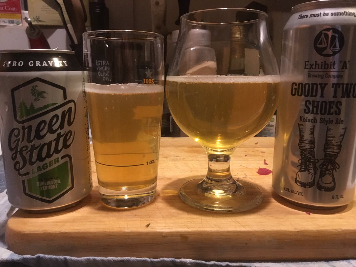 CiannaDona's tweet photo. Tonight’s @cicerone study challenge Kolsch vs Pils. Similar in color and aroma, but the Kolsch is fruitier. They are both good examples of the style and study aids. #greenstatelager @zerogravitybeer #Goodytwoshoes @exhibitAbrewing Which one do you prefer? https://t.co/b00o3rCiwl