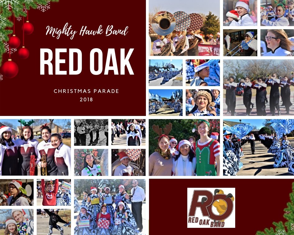 Red_Oak_Band's tweet photo. On Saturday, December 1, 2018 the ROHS Mighty Hawk Band participated in Red Oak Christmas Parade. Pictures courtesy of @KathyHigginbot1 @redoakisd #rohs #mightyhawkband #4talons #redoak https://t.co/di8WkzO5nh