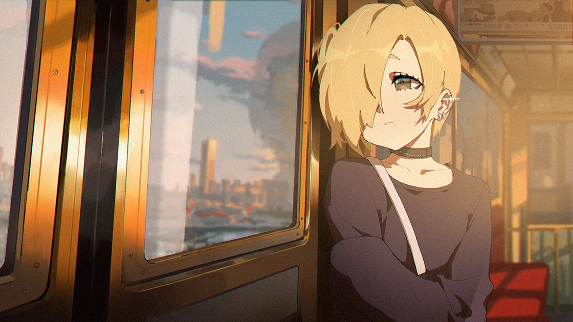 shirasaka koume 1girl blonde hair hair over one eye solo train interior choker short hair  illustration images