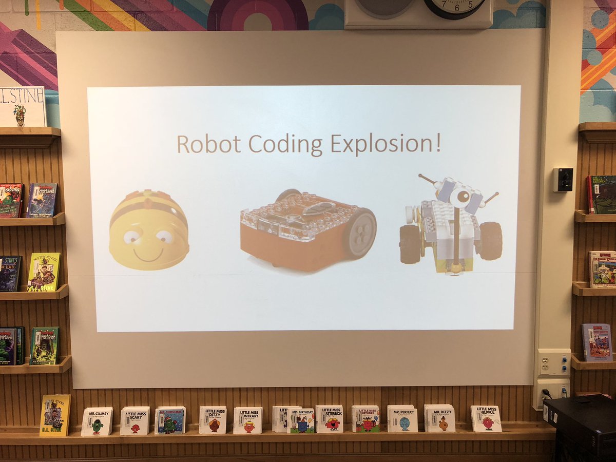 Dodge_WCSD's tweet photo. It was a ROBOT CODING EXPLOSION at Dodge Elementary last week! During library CE, ALL classes coded robots. K and 1 used Beebots and Bluebots, while 2nd graders used #LEGOWeDo. 3rd and 4th graders used #edisonbots #kidscancode https://t.co/U3ZdAZOL8G