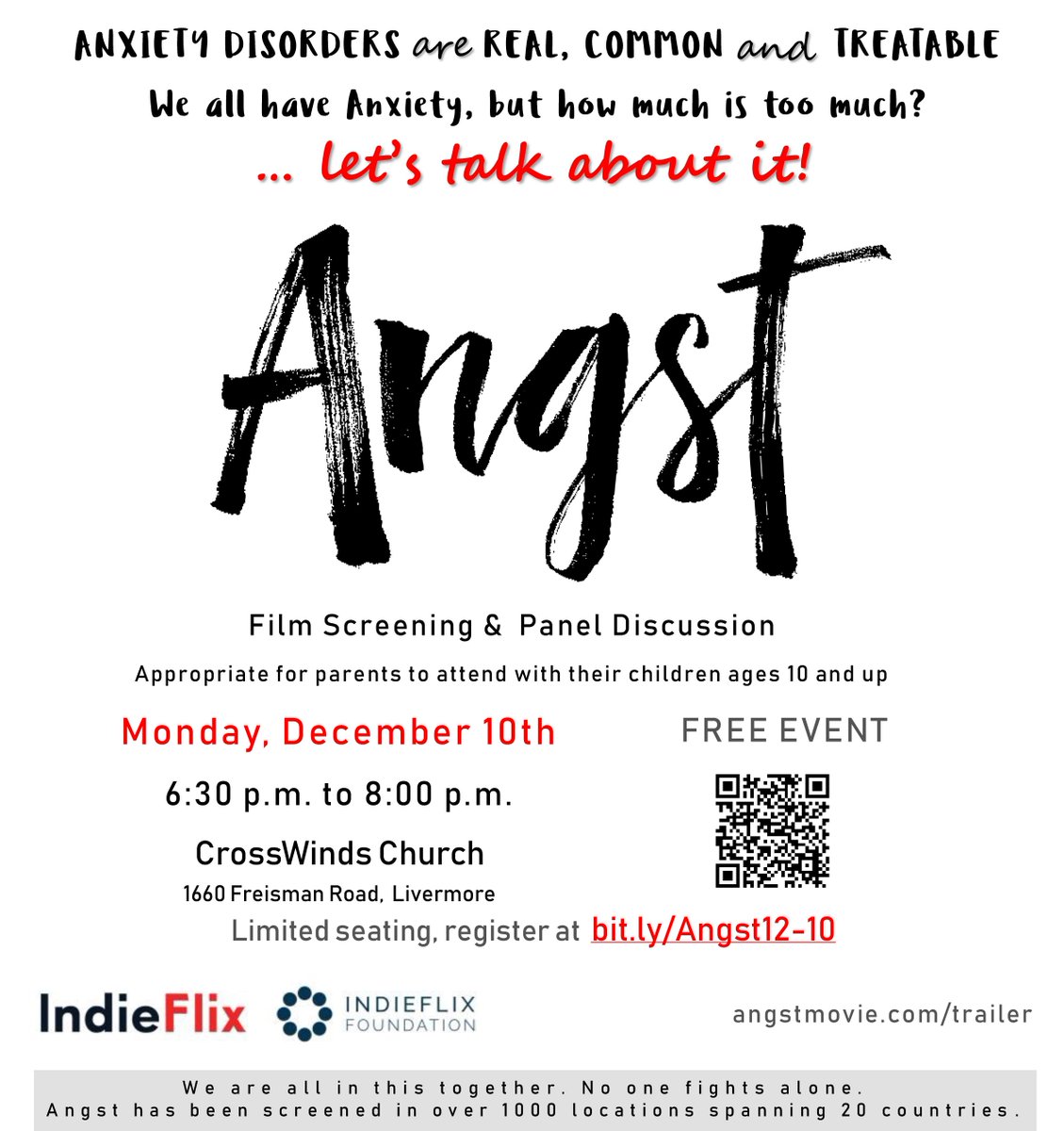 10acityProject's tweet image. We ALL have anxiety, but how much is too much? Monday, December 10th, 2018 from 6:30pm to 8:00pm at CrossWinds Church in Livermore for a FREE screening of ‘Angst’ and then, Let’s Talk About it.  This event is made possible by the Tri-Valley community in memory of Zachary Nimmo.