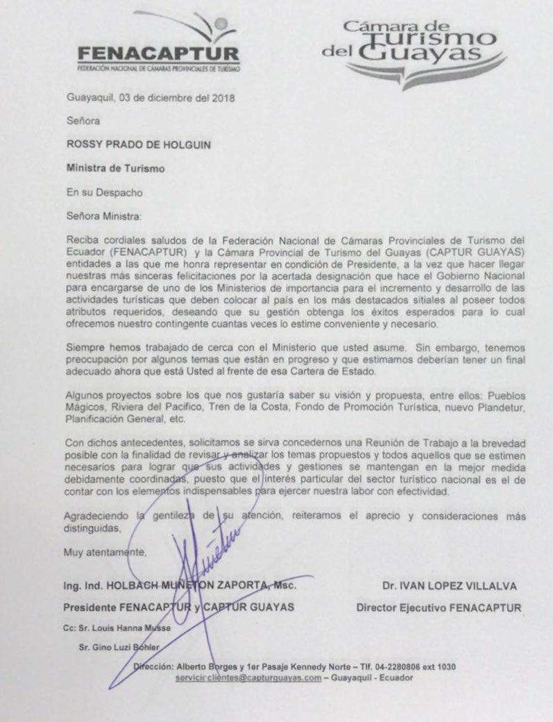Presidente de <a href="/fenacapturec/">FENACAPTUR</a> <a href="/HMunetonZ/">Ing.Ind Holbach Muñetón Zaporta. Mgs.</a> Felicita y hace pedido de reunión a nueva Ministra de Turismo Rossy de Holguin.<a href="/patoedg/">Patricio Miller</a> <a href="/optur_org/">OPTUR</a> <a href="/capturguayas/">Camara de Turismo</a> <a href="/CAPTURLOSRIOS/">CÁMARA PROVINCIAL DE TURISMO DE LOS RÍOS</a> <a href="/ricardomedinao/">Ricardo Medina O.</a> <a href="/TurismoElena/">Camara Turismo Provincia Santa Elena</a> <a href="/CeEcuatoriano/">Comité Empresarial Ecuatoriano</a> <a href="/680radioatalaya/">Radio Atalaya 680 AM</a> <a href="/radioi99/">Radio i99 98.9FM</a>