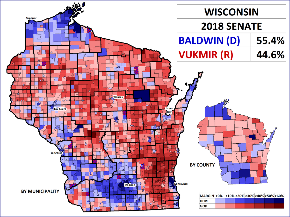 JMilesColeman's tweet photo. Here's the 2018 #WISen race by town. Sen. @tammybaldwin (D) was reelected to a second term by 11% over State Sen. Leah Vukmir (R). Compared to state Democrats in the past few cycles, Baldwin made significant inroads in western/northern WI, &amp; ran well in the suburbs. #wipolitics https://t.co/7NZBR9uYjc