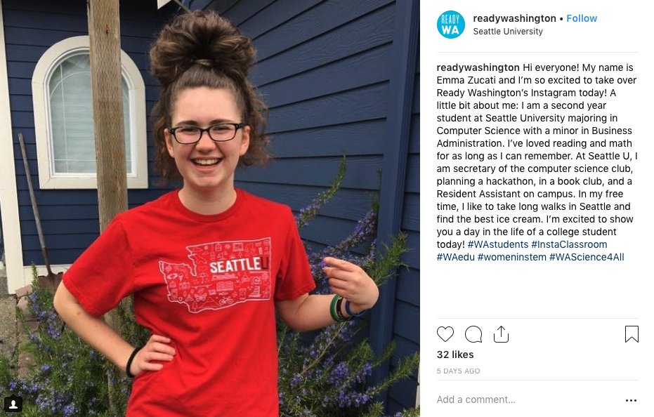 HighlineSchools's tweet image. Computer science student Emma Zucati recently guest posted for a day on @ReadyWA’s Instagram account. Learn more about this @SeaettleU student’s experiences &amp;amp; advice: bit.ly/2AOElDl  #InstaClassroom #WAScience4All #CSforALL