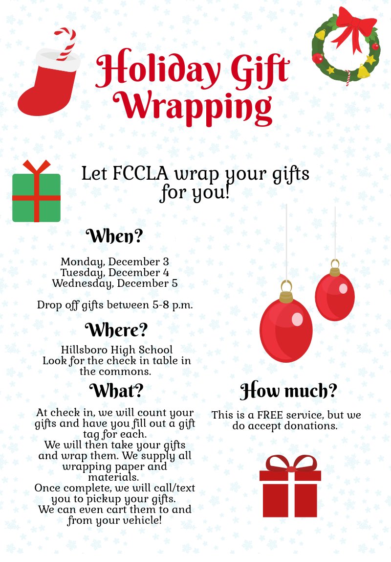 Hawks_fccla's tweet photo. We’ve already wrapped about 40 gifts tonight, let us wrap your gifts too! 🎅🏼🎄🎁 https://t.co/pICght3atF