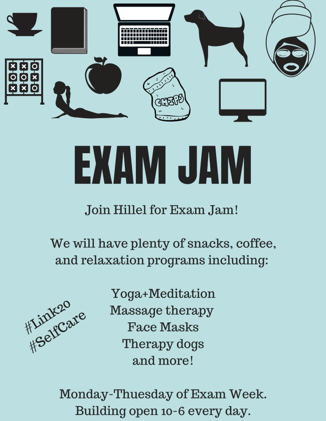 What's Happening at Hillel? Israel Talks, Self Care with CAPS, Exam Jam, and more! conta.cc/2RtT3Xu