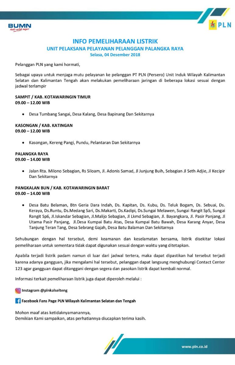 infoPLK's tweet photo. Jadwal pemadaman listrik untuk hari ini (Selasa, 4 Desember). Seperti biasa, plis jangan bully kita bila listrik sampai dengan waktu yang ditentukan belum juga menyala 🙂 https://t.co/bNIHdRRwjy