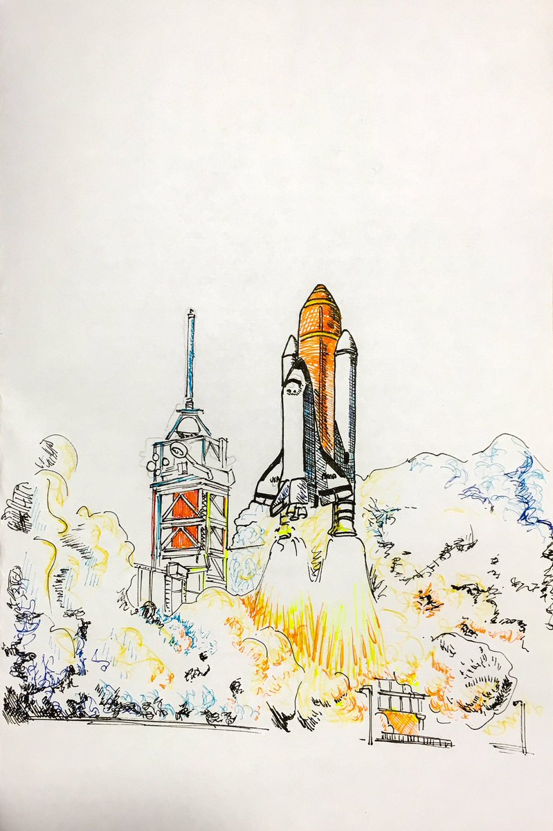 j_disign's tweet image. More #spaceart! This was a quick sketch from April 23, 2016 — part of a rocket-themed card for my friend who was working on rockets. Ballpoint on office paper! (I think I also used a bit of yellow highlighter too for the highlights) #scicomm #spacecomm #spaceart #sciart