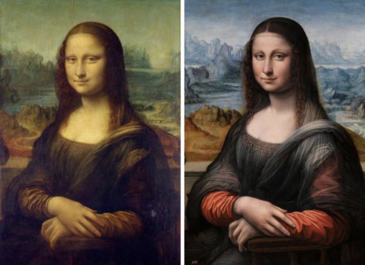 Here’s the Mona Lisa today compared to how it might have looked when it was 1st done. Centuries have varnished the colors. 

Have you seen this in real life? I found it to be one of the most disappointing tourist traps in the world! 
#famousart
