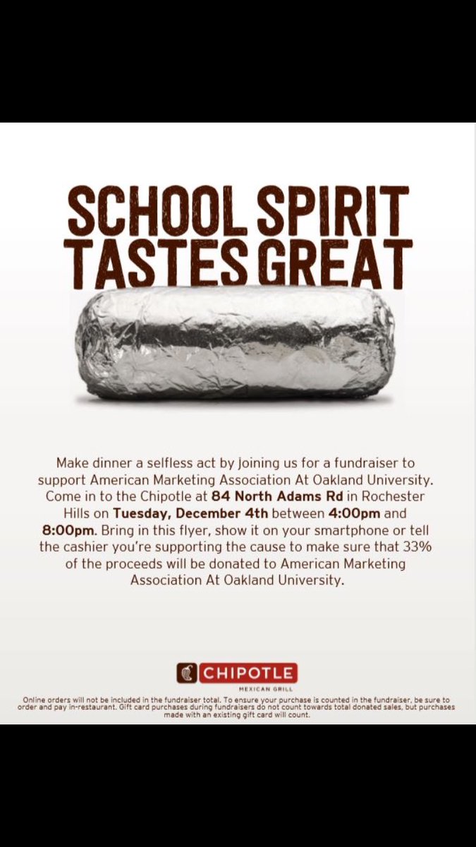 AMA_OU's tweet image. Please come to our fundraiser at the Chipotle on 84 N Adams Rd tomorrow from 4-8 p.m.! Simply show the cashier this flyer before paying! We look forward to your support, see you all tomorrow!