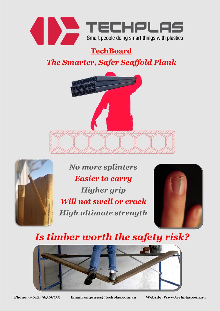 TechBoardAus's tweet image. Is timber worth the safety risk? The lighter weight and lack of splinters are some of the immediate benefits of swapping to @TechBoardAus PVC based #scaffold planks. Contact us today (+612) 9636 6755
#SafetyFirst #scaffolding @ScaffoldingNews #innovation #madeinAustralia