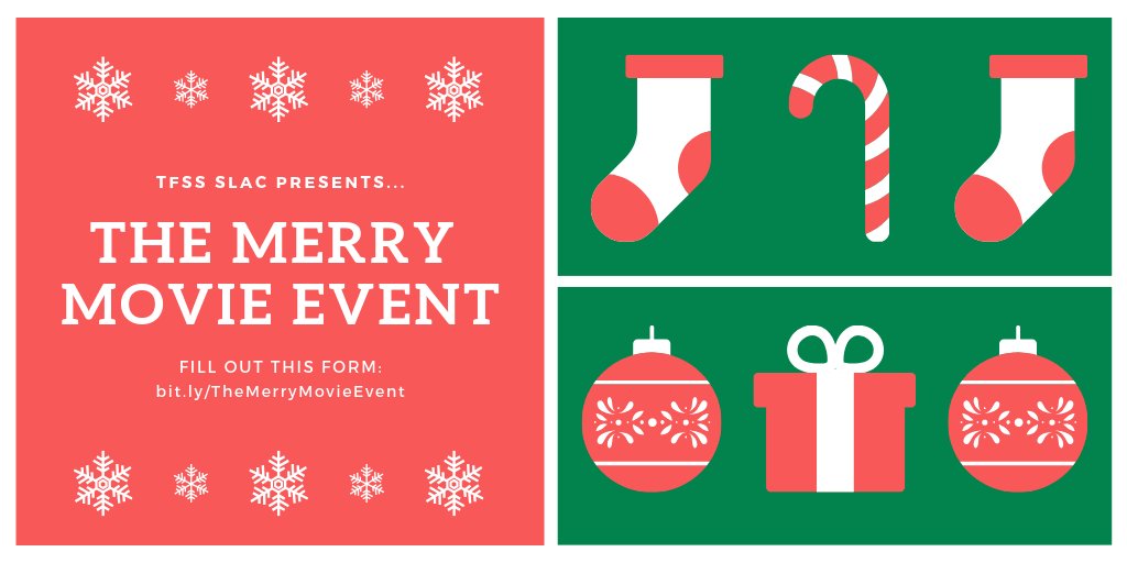 tfssSLAC's tweet image. Your SLAC Presents...The Merry Movie Event! 🎄 On Dec. 19, come to the North Theatre to watch TWO HOLIDAY FAVOURITES! ❄️ What mini-movie do YOU want to see? Go to: bit.ly/TheMerryMovieE…! ☃️

There will also be a raffle to WIN a PRIZE! @tfssSAC @TFSSLibrary