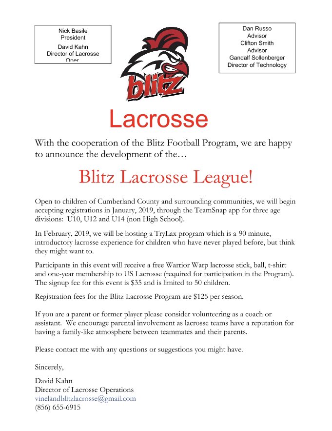 Please Spread the Word! Youth LAX will now be offered to the Vineland Community!