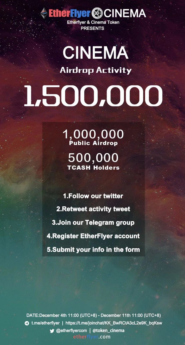 etherflyercom's tweet photo. 1,500,000 CINEMA Token Giveaway for Public Airdrop and TCASH Holders!!😀 @token_cinema follow @tech_sura @icohubs    From December 4th 11:00(UTC+8) - December11th 11:00(UTC+8) More info:https://t.co/Po46opxesP https://t.co/nRtiHKpvYO