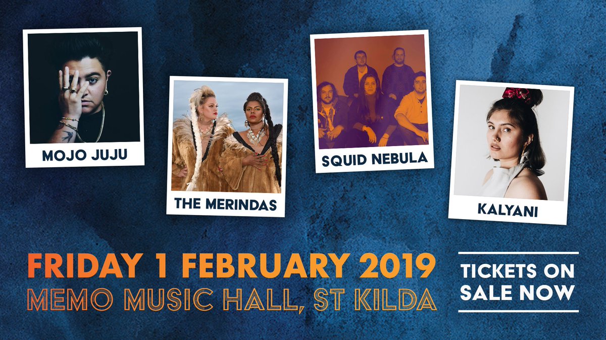 YalukutFestival's tweet image. SPECIAL EVENT! Catch @MojoJujuMusic, @themerindas, Squid Nebula &amp;amp; Kalyani at @memomusichall on Friday 1 February as part of the 2019 Yaluk-ut Weelam Ngargee. Tickets only $25 and on sale now via ywnf.com.au 
Presented by @cityportphillip &amp;amp; @3RRRFM #stkilda