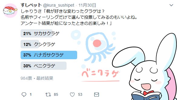 Uzivatel すしペット Na Twitteru しゃりうさ アンケート内訳はこんなかんじ ベニクラゲ 派が2位かな ベニクラゲはおそらく 不老不死 だろうといわれるクラゲなんだ クラゲは ポリプ というものからクラゲになるんだけど ベニクラゲはまたポリプに戻る