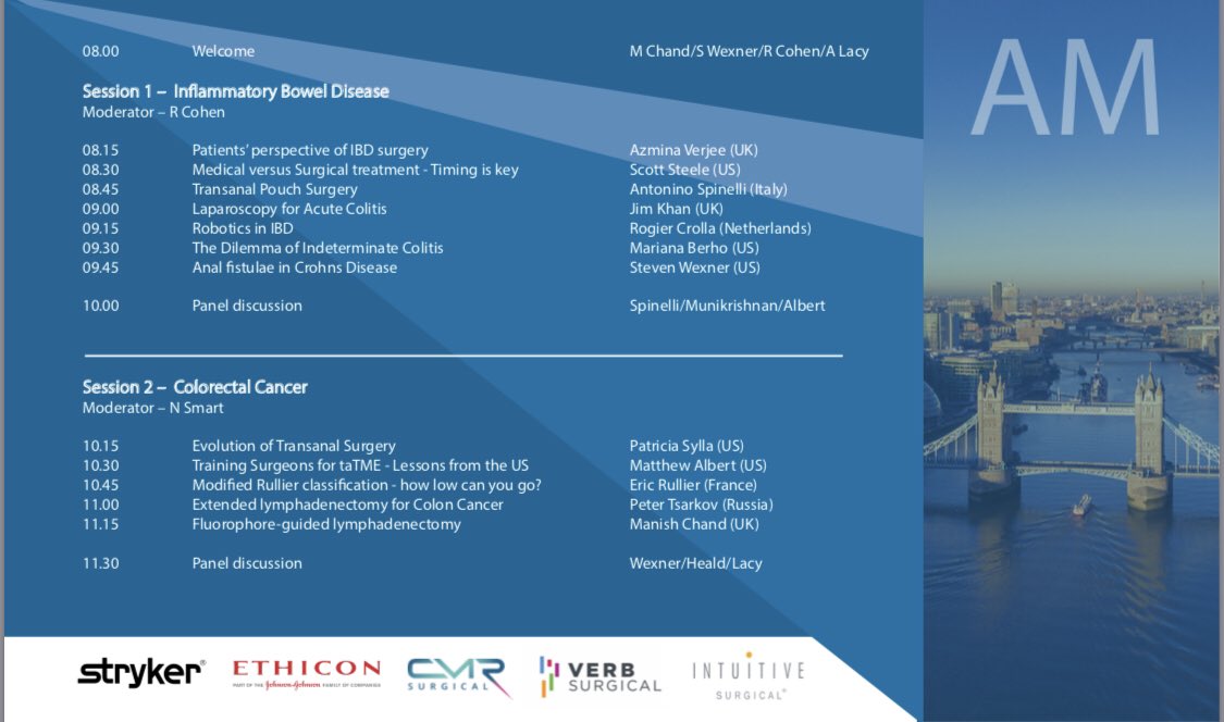 A fantastic agenda #LondonCRS18 w/ @AzminaVerjee opening proceedings from the #patient &amp; #public perspective, and the #bigdebate between industry leaders on The Future of Surgery - don’t miss live <a href="/AISChannel/">AIS Channel</a> Dec 14th <a href="/escp_tweets/">European Society of Coloproctology</a> <a href="/EAES_eu/">EAES</a> <a href="/ACPGBI/">@ACPGBI</a> <a href="/AmCollSurgeons/">American College of Surgeons</a> @fascrs_updates